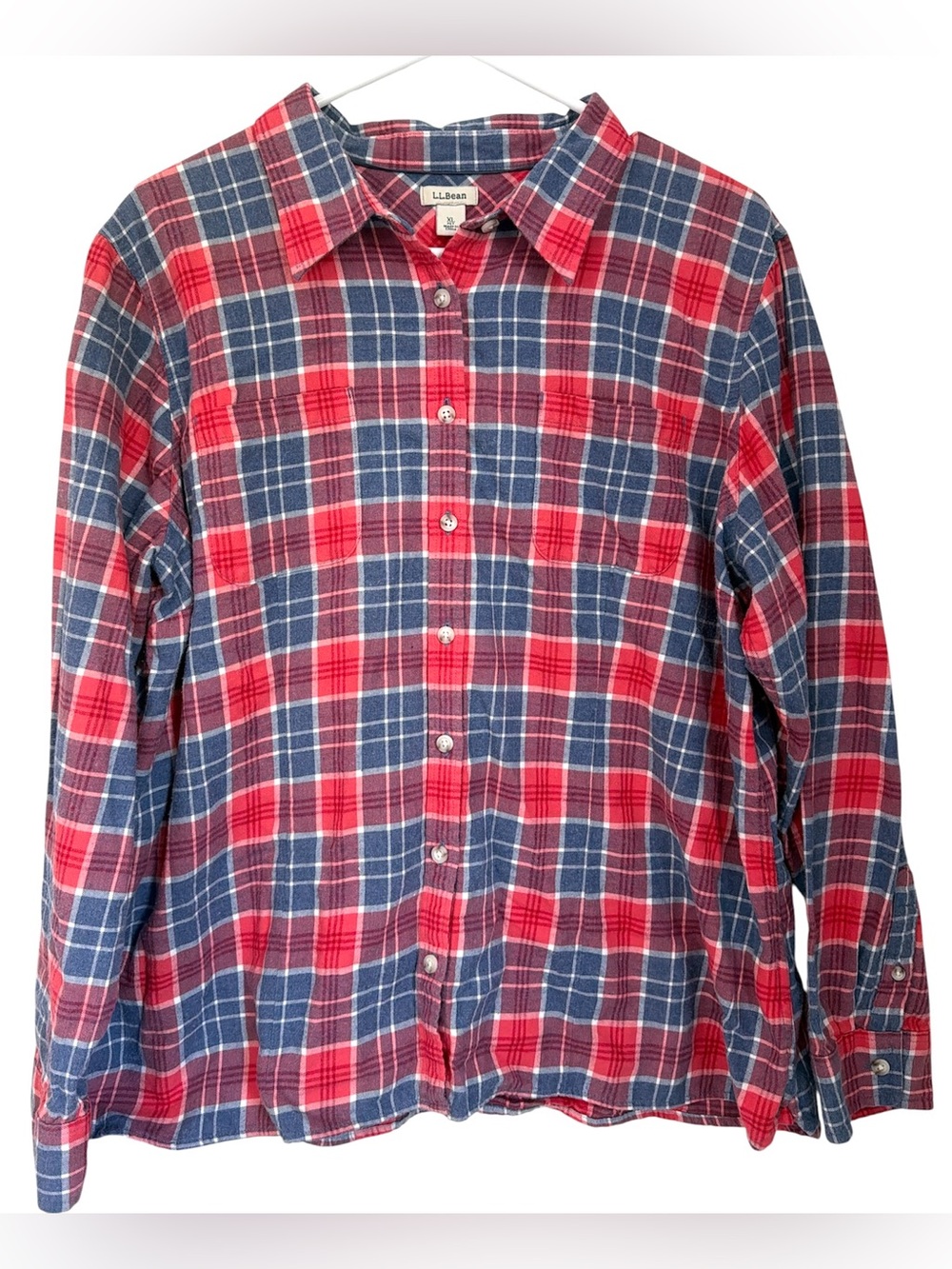LL Bean Women’s XL Petite Red Blue Plaid Flannel Shirt EUC